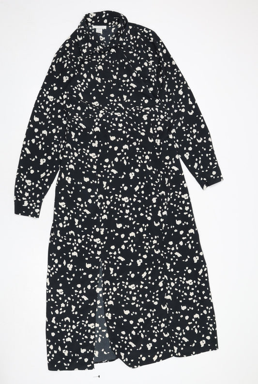 Topshop Womens Black Geometric Polyester A-Line Size 10 Collared Button - Slit, Tie Detail