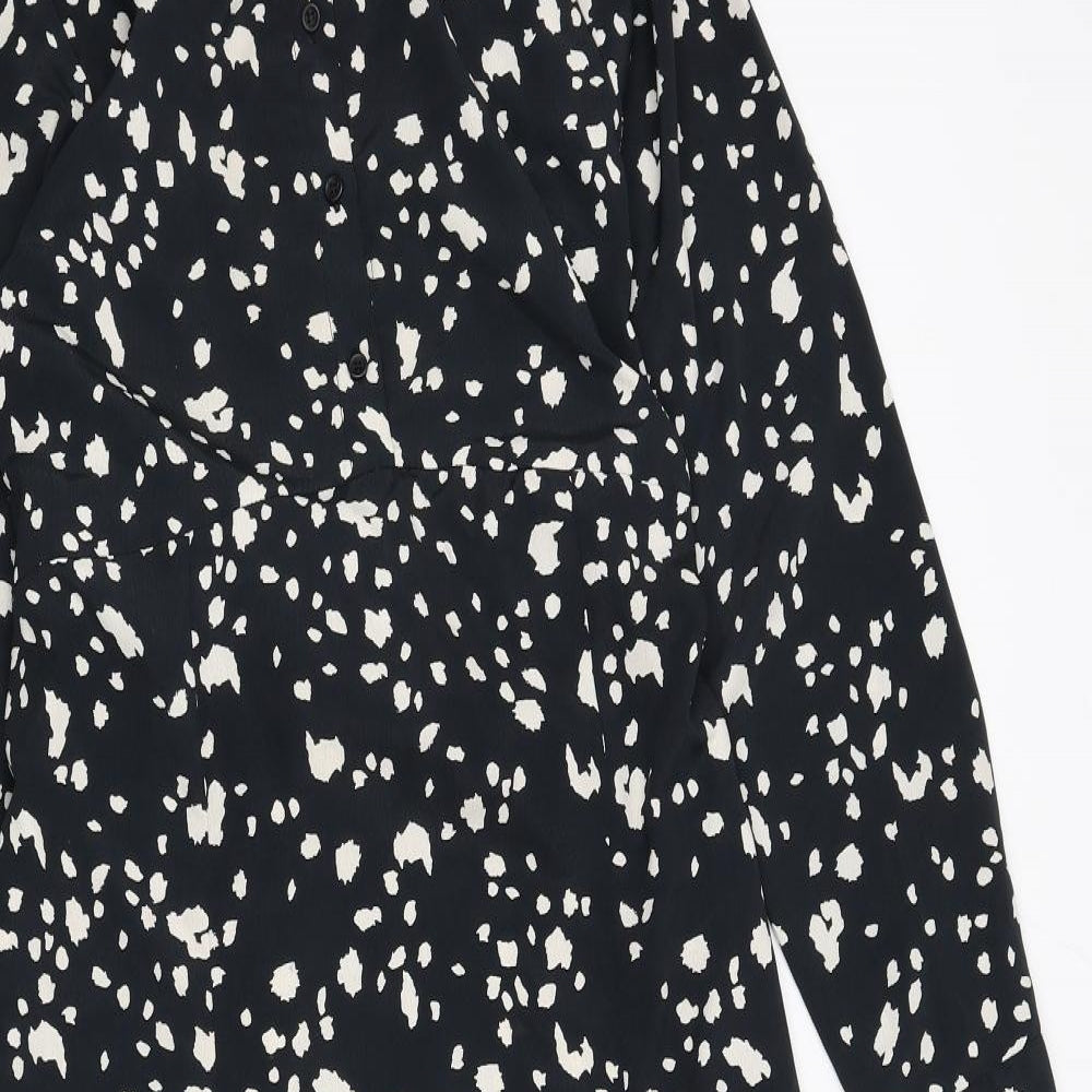 Topshop Womens Black Geometric Polyester A-Line Size 10 Collared Button - Slit, Tie Detail