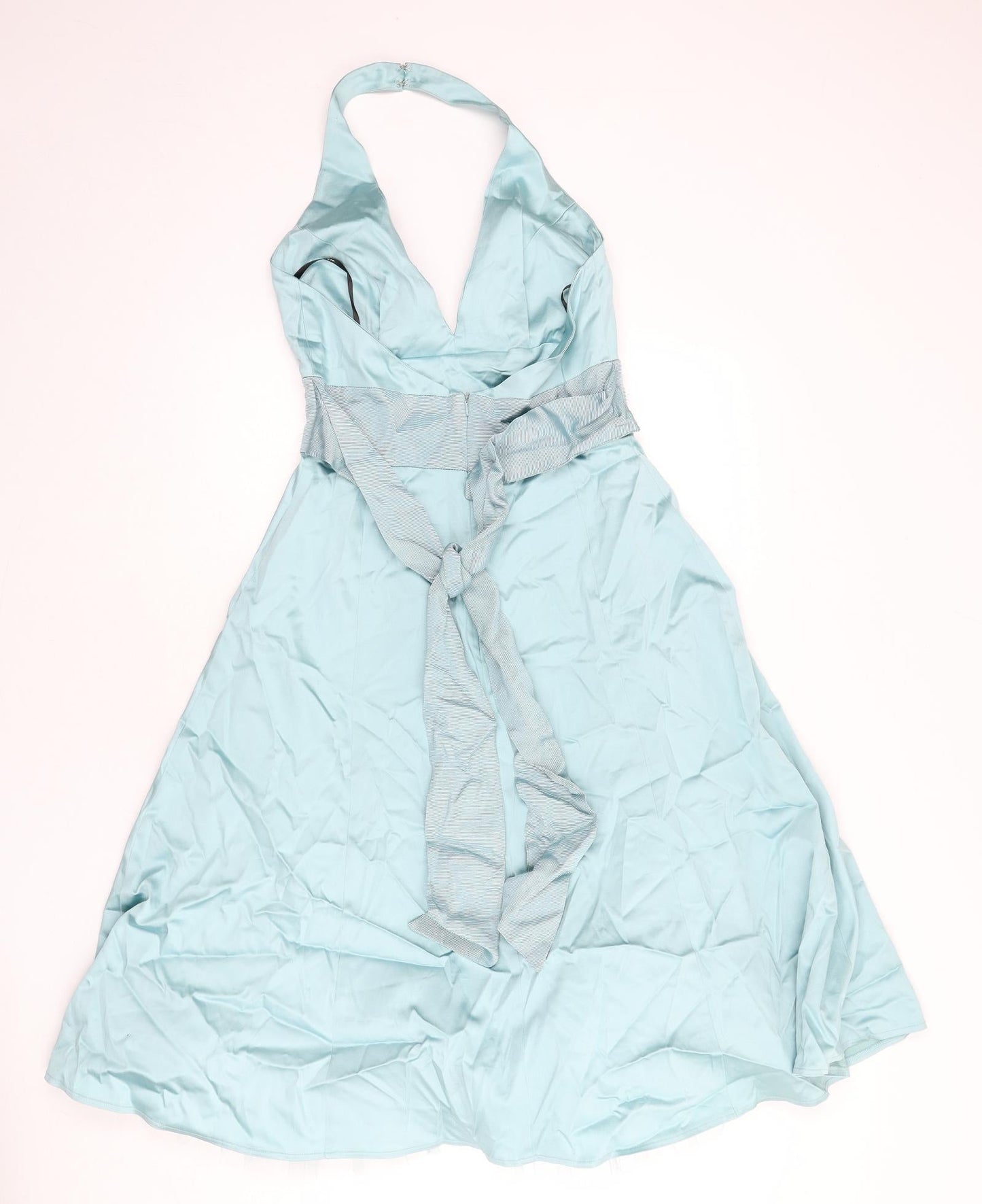 Warehouse Womens Blue Acetate Fit & Flare Size 12 Halter Hook & Eye - Underskirt, Tie Detail