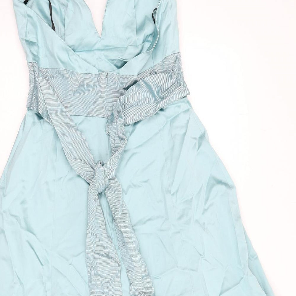 Warehouse Womens Blue Acetate Fit & Flare Size 12 Halter Hook & Eye - Underskirt, Tie Detail