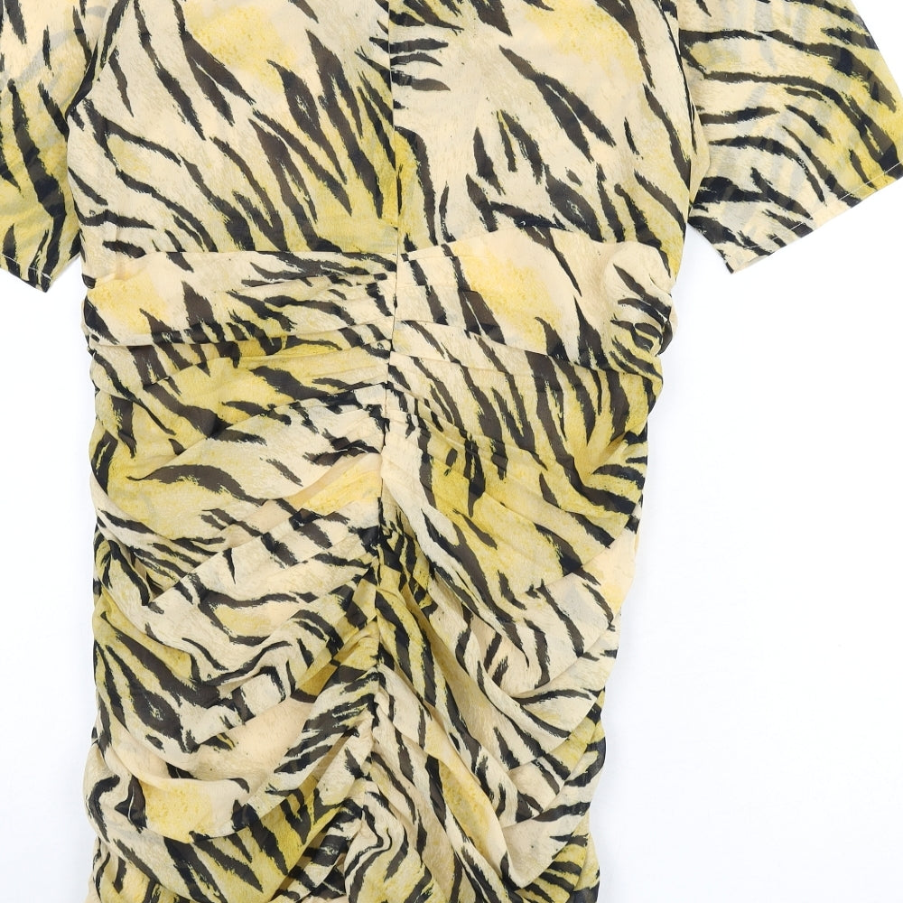 ASOS Womens Multicoloured Animal Print Polyester Bodycon Size 16 Round Neck Zip - Tiger Print, Ruched Sides