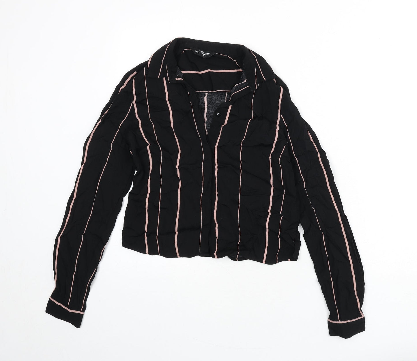 New Look Womens Black Striped Viscose Cropped Button-Up Size 6 Collared
