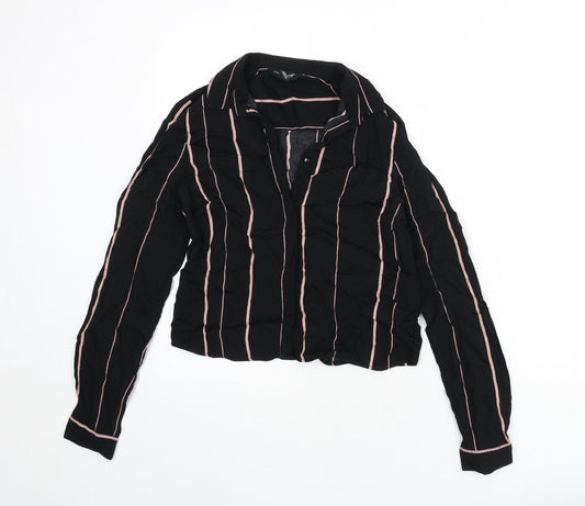 New Look Womens Black Striped Viscose Cropped Button-Up Size 6 Collared