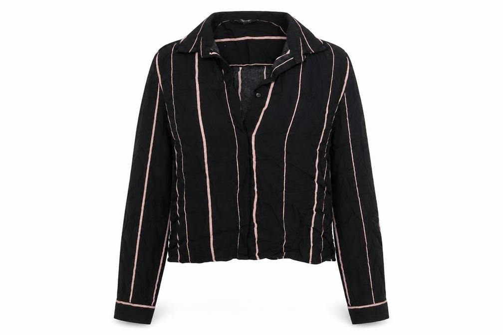 New Look Womens Black Striped Viscose Cropped Button-Up Size 6 Collared