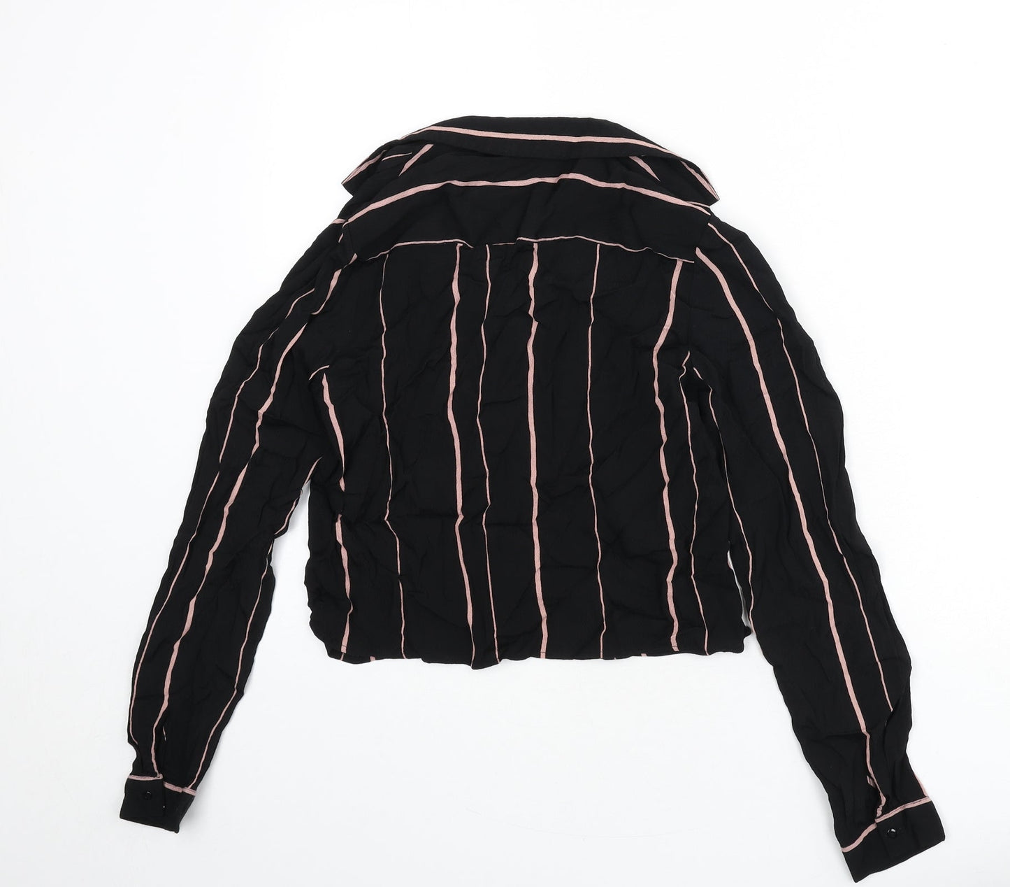 New Look Womens Black Striped Viscose Cropped Button-Up Size 6 Collared