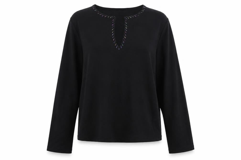 J.Taylor Womens Black Polyester Basic T-Shirt Size 14 V-Neck - Beaded Detail