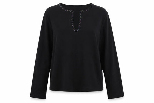 J.Taylor Womens Black Polyester Basic T-Shirt Size 14 V-Neck - Beaded Detail