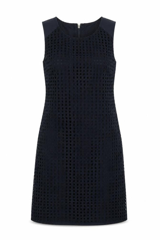 Next Womens Blue Geometric Cotton Pencil Dress Size 8 Round Neck Zip - Cut Out Squares