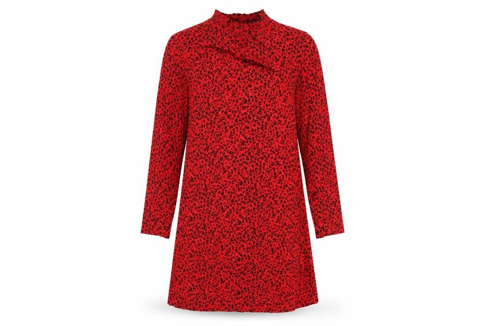 Marks & Spencer Womens Red Animal Print Viscose A-Line Size 10 Round Neck Button - Leopard Print