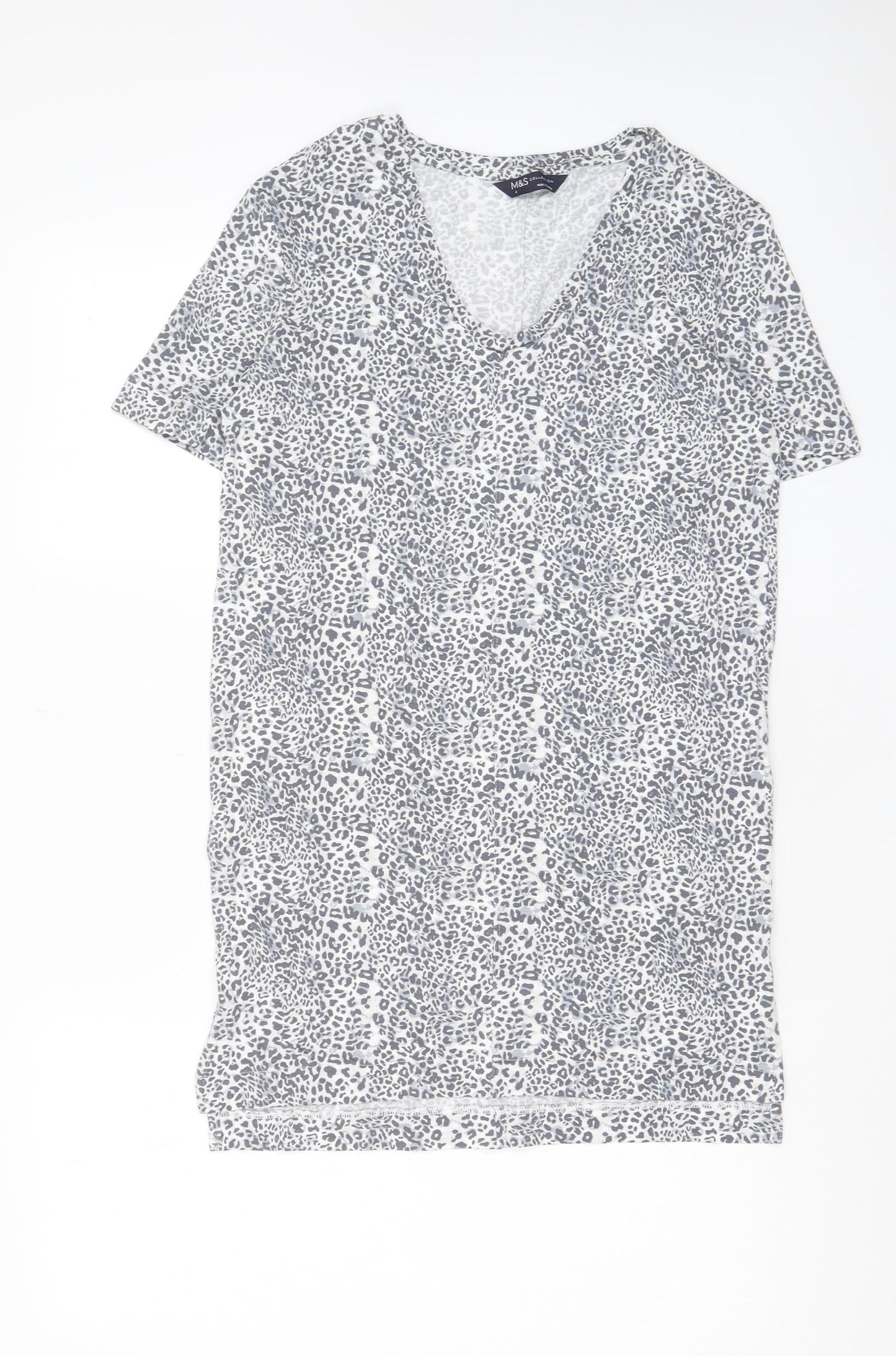 Marks and Spencer Womens Grey Animal Print Viscose T-Shirt Dress Size 6 V-Neck Pullover