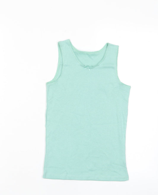 Marks and Spencer Girls Green Cotton Basic Tank Size 8-9 Years Crew Neck Pullover - Embroided