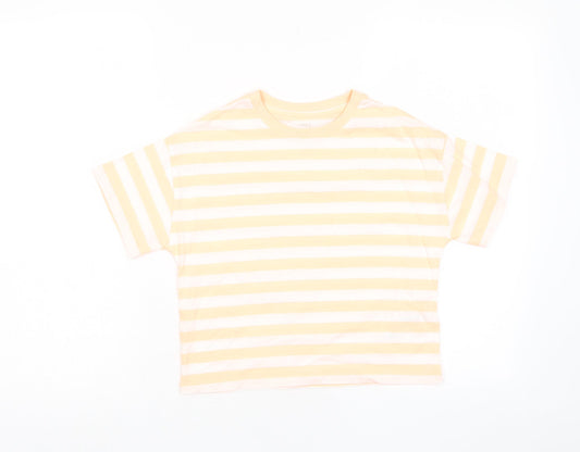 Marks and Spencer Boys Orange Striped Cotton Basic T-Shirt Size 8-9 Years Crew Neck Pullover