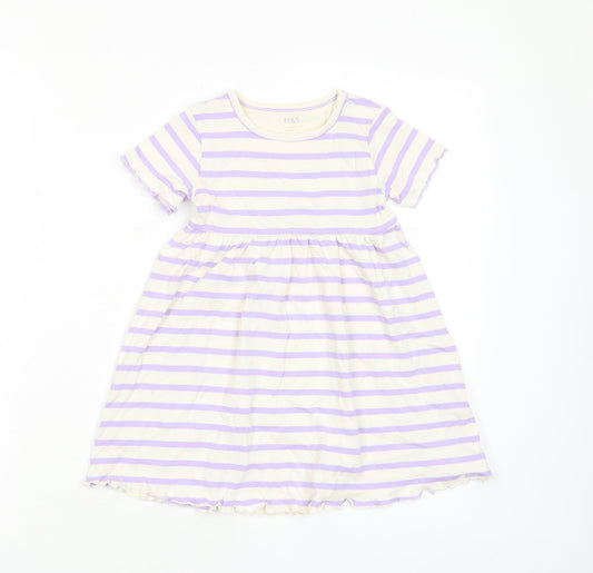 Marks and Spencer Girls Purple Striped Cotton A-Line Size 2-3 Years Crew Neck Button