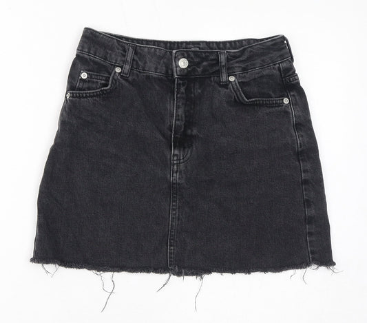 Topshop Womens Black Cotton A-Line Skirt Size 8 Zip - Distressed Hem