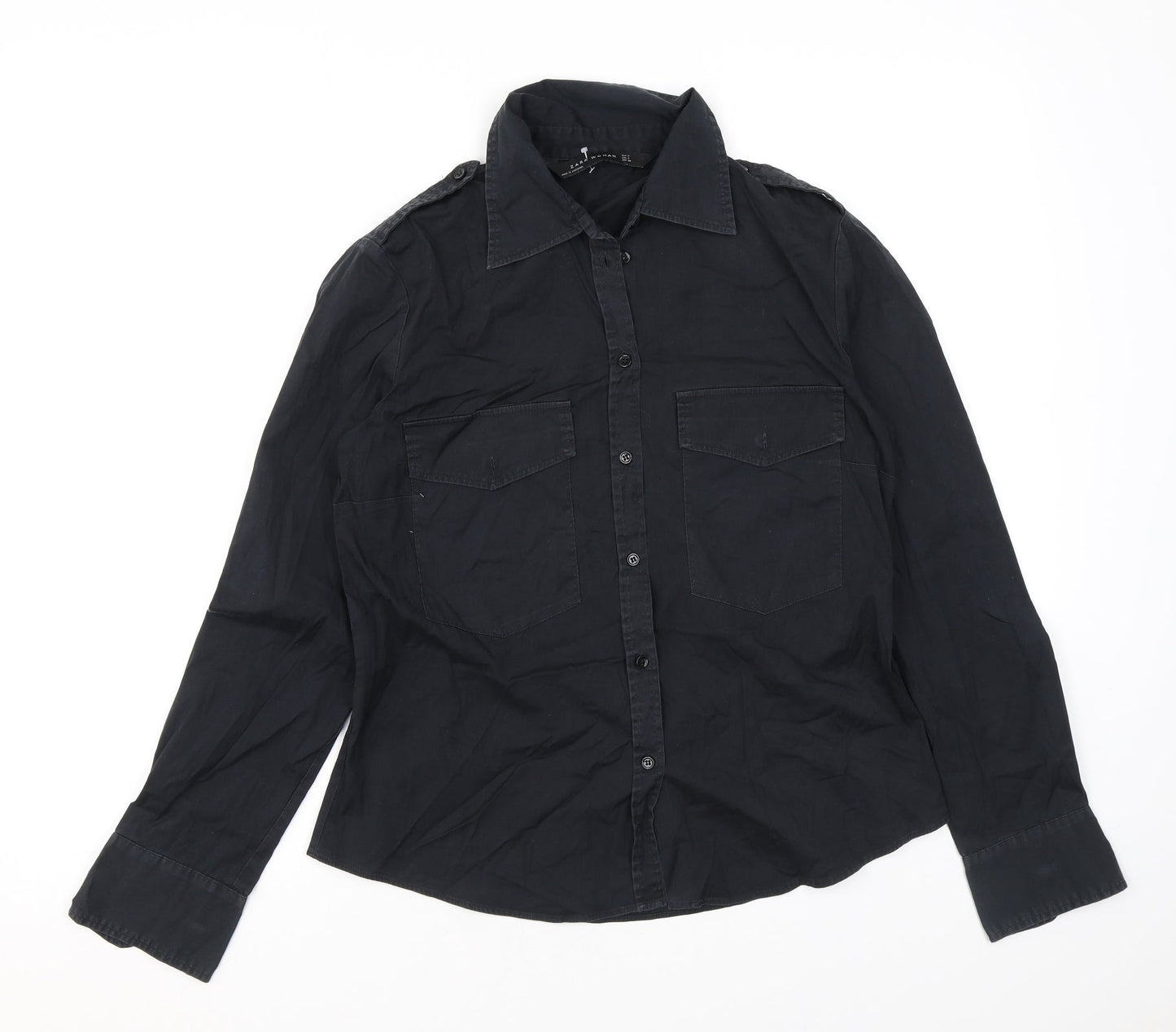 Zara Womens Black Cotton Basic Button-Up Size M Collared