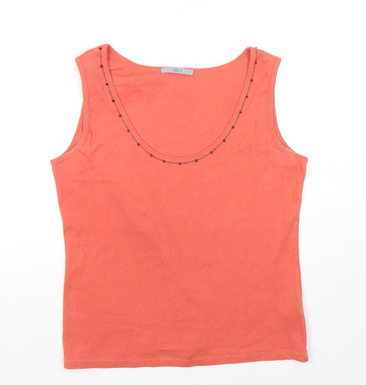 Marks and Spencer Womens Orange Cotton Basic Tank Size 14 Round Neck - Beaded Detail