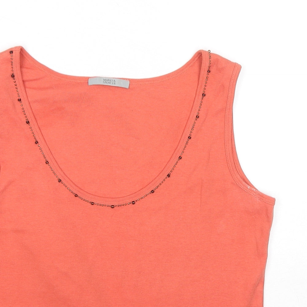 Marks and Spencer Womens Orange Cotton Basic Tank Size 14 Round Neck - Beaded Detail