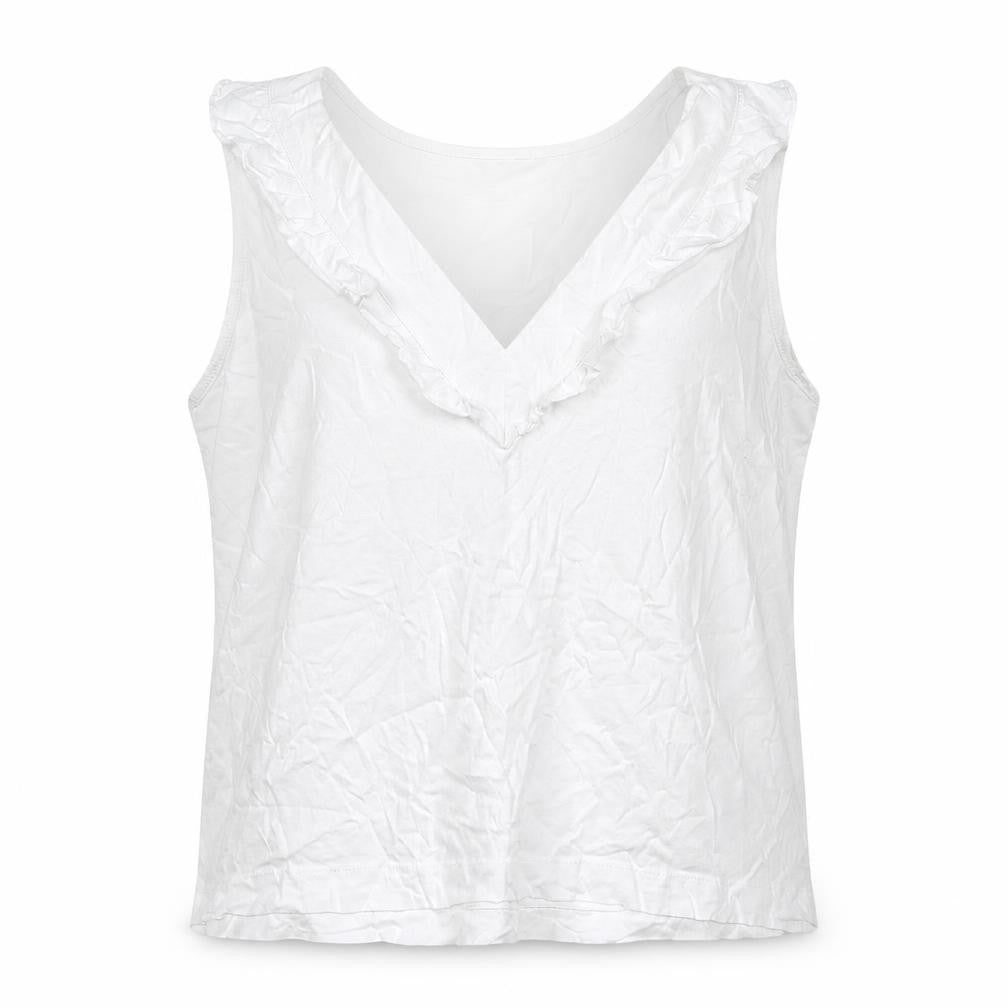French Connection Womens White Cotton Basic Tank Size L V-Neck - Ruffle Detail