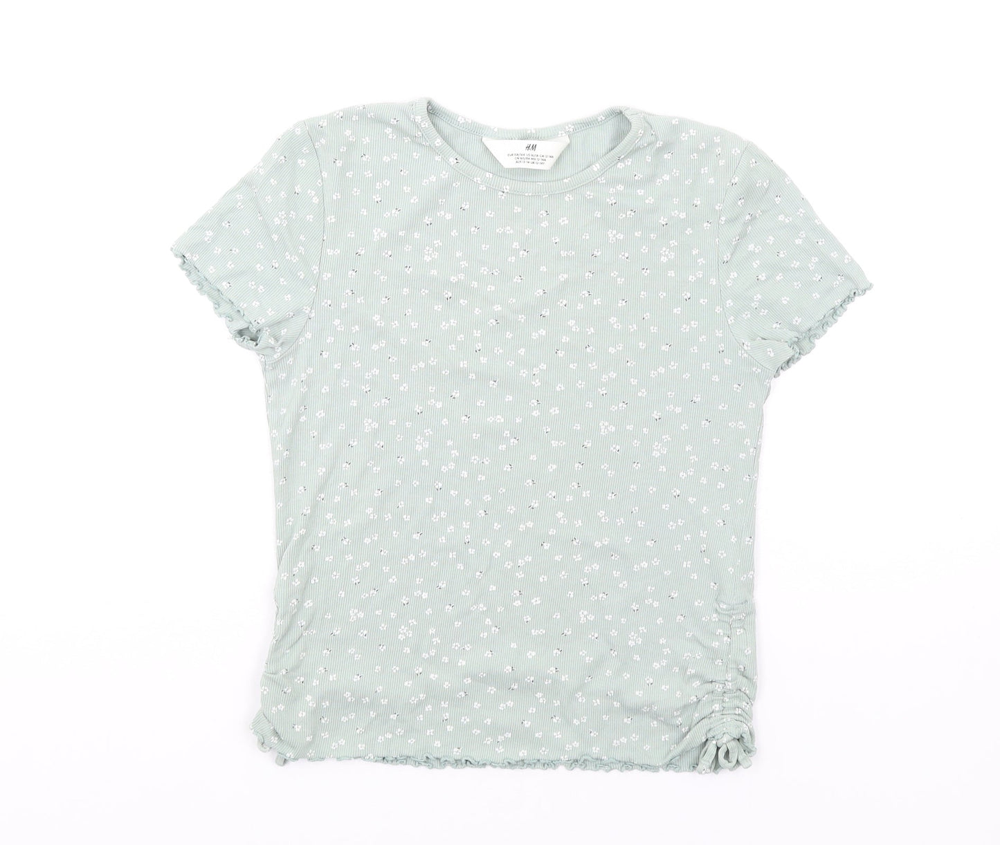 H&M Girls Green Floral Cotton Basic T-Shirt Size 13-14 Years Round Neck Pullover