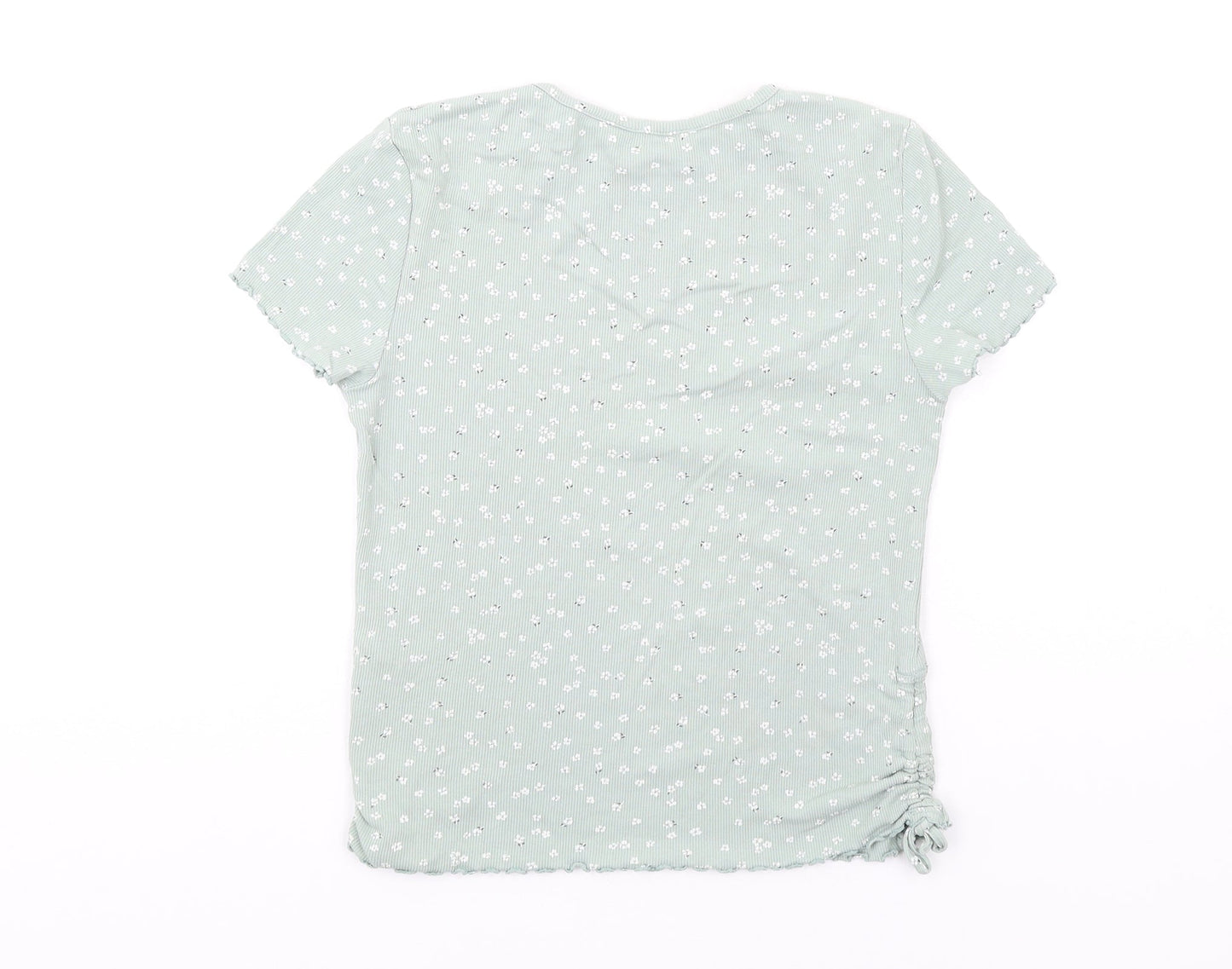 H&M Girls Green Floral Cotton Basic T-Shirt Size 13-14 Years Round Neck Pullover