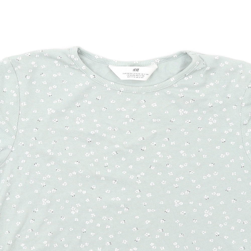 H&M Girls Green Floral Cotton Basic T-Shirt Size 13-14 Years Round Neck Pullover