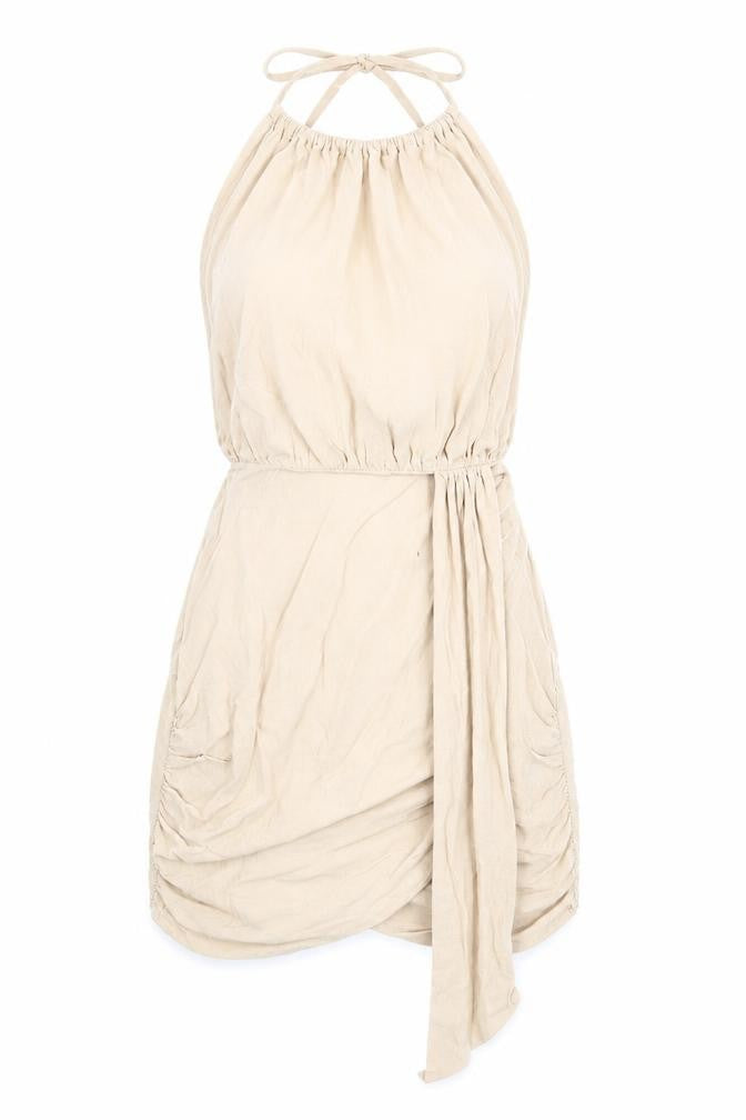 PRETTYLITTLETHING Womens Beige Cotton Mini Size 6 Halter Zip