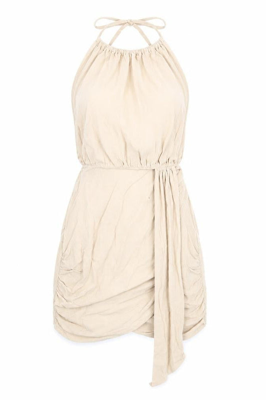 PRETTYLITTLETHING Womens Beige Cotton Mini Size 6 Halter Zip