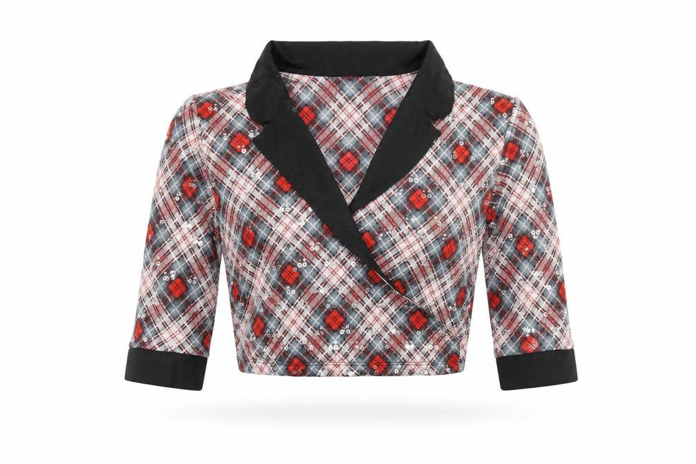 Revolution Womens Red Plaid Nylon Cropped Blouse Size M V-Neck - Sequin