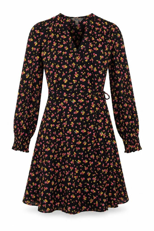 Ghost Womens Black Floral Viscose Wrap Dress Size 8 V-Neck Tie