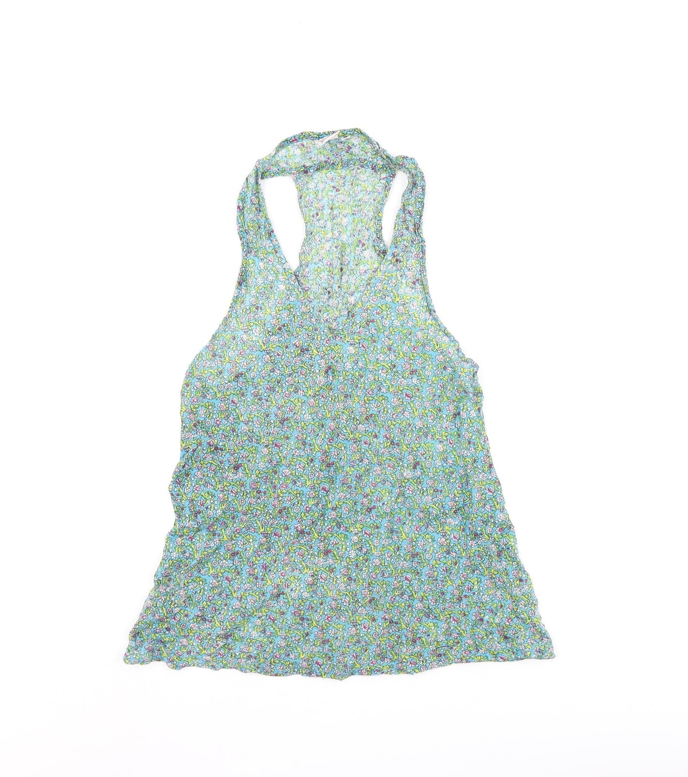 Aller Simple Womens Blue Floral Cotton Basic Tank Size S V-Neck