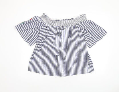 Marks & Spencer Womens Blue Striped Polyester Basic Blouse Size 12 Off the Shoulder - Leaf Embroidery