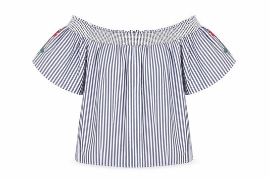 Marks and Spencer Womens Blue Striped Polyester Basic Blouse Size 12 Off the Shoulder - Leaf Embroidery