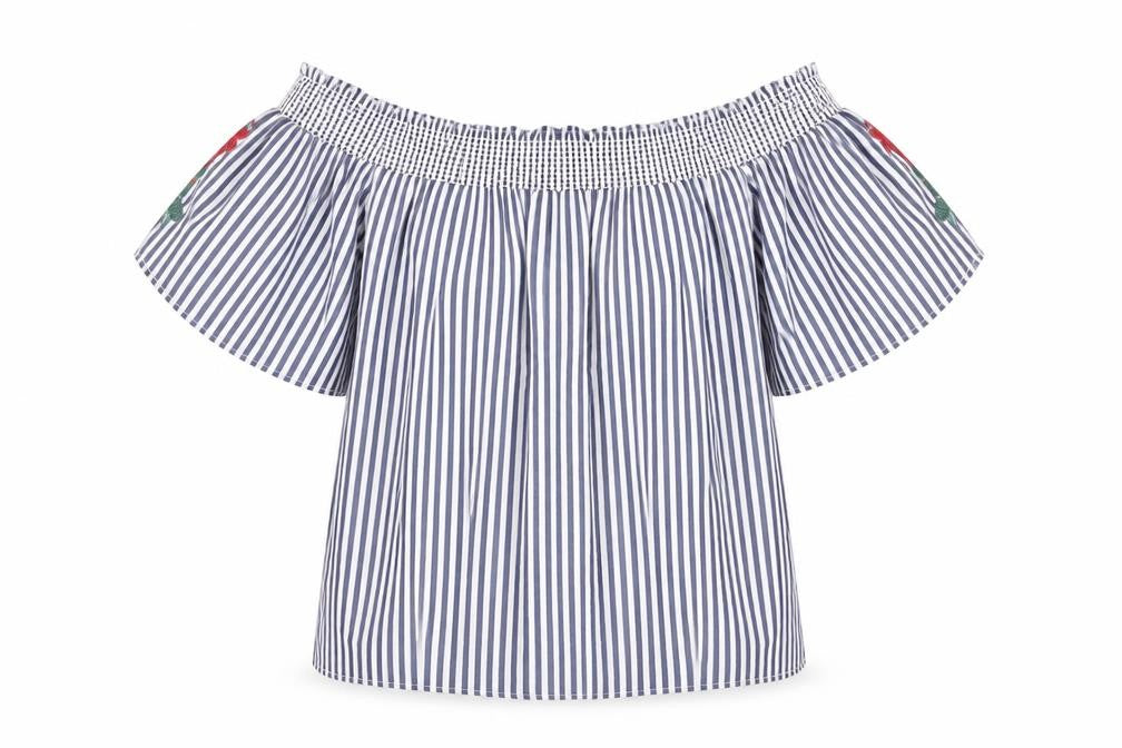 Marks & Spencer Womens Blue Striped Polyester Basic Blouse Size 12 Off the Shoulder - Leaf Embroidery