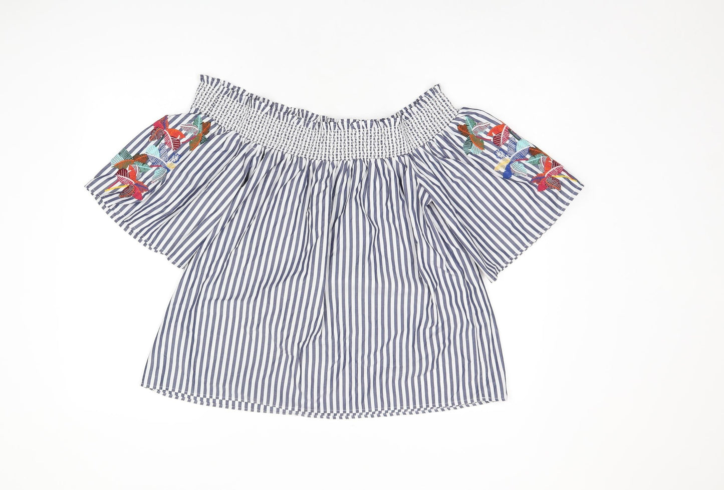 Marks and Spencer Womens Blue Striped Polyester Basic Blouse Size 12 Off the Shoulder - Leaf Embroidery