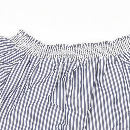 Marks & Spencer Womens Blue Striped Polyester Basic Blouse Size 12 Off the Shoulder - Leaf Embroidery