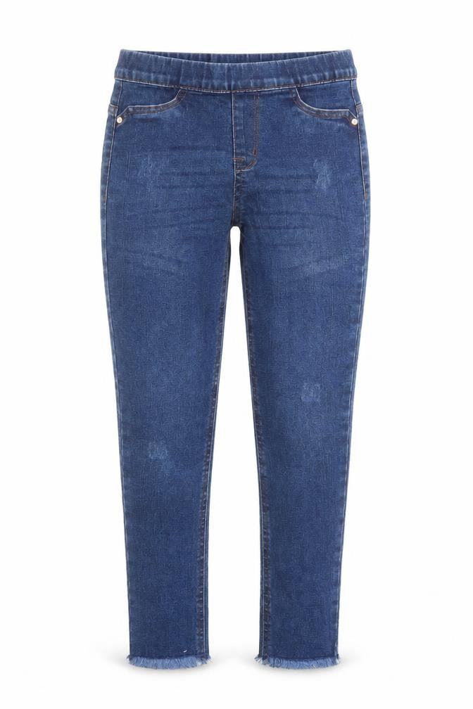 Front view of Denim & Co. girls’ blue cotton jegging jeans, size 9-10, years, 22-inch leg regular - fringe detail