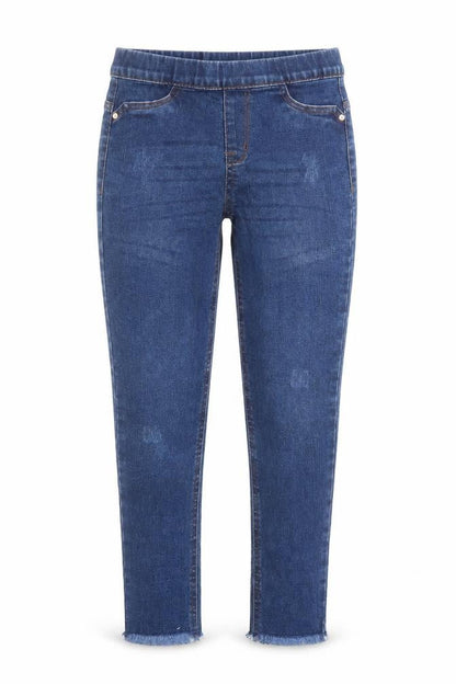 Front view of Denim & Co. girls’ blue cotton jegging jeans, size 9-10, years, 22-inch leg regular - fringe detail