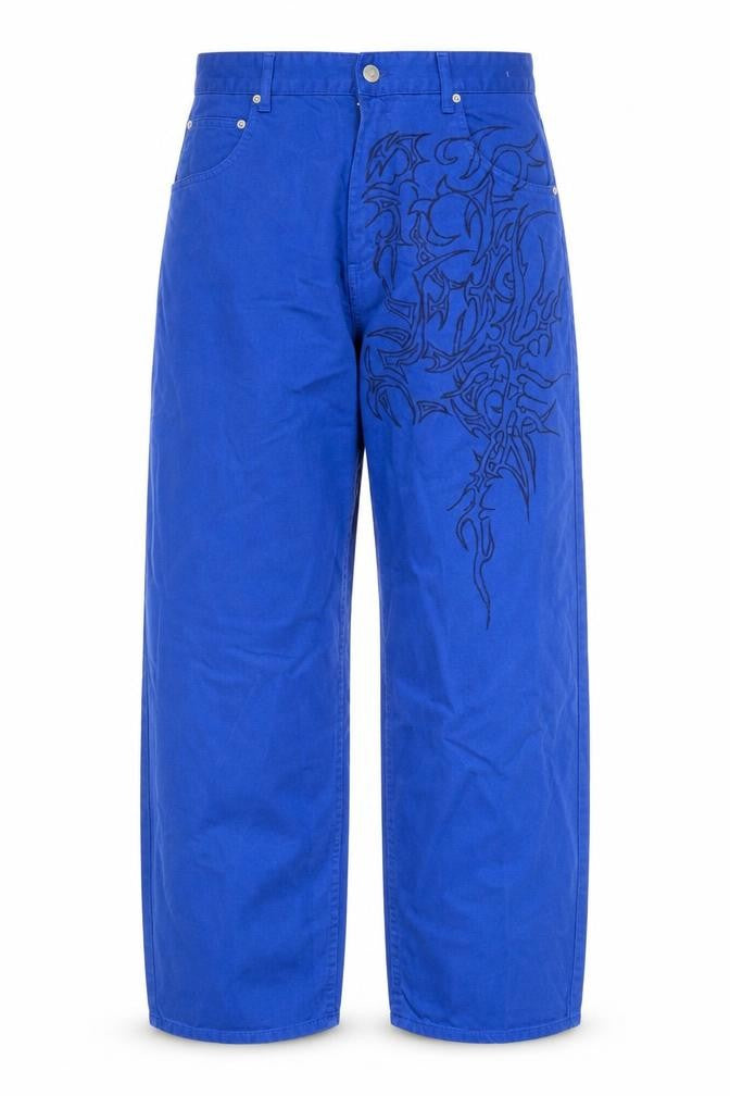 Bershka Mens Blue Geometric Cotton Straight Jeans Size 34 in L28 in Regular Zip