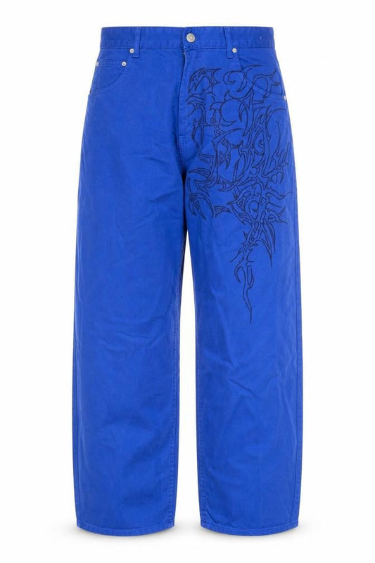 Bershka Mens Blue Geometric Cotton Straight Jeans Size 34 in L28 in Regular Zip