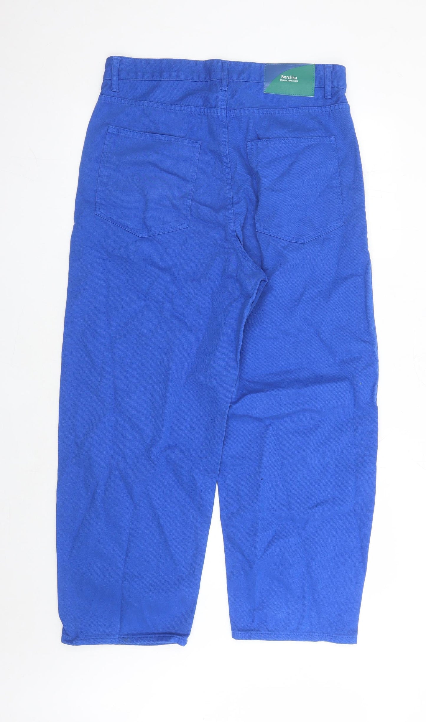 Bershka Mens Blue Geometric Cotton Straight Jeans Size 34 in L28 in Regular Zip