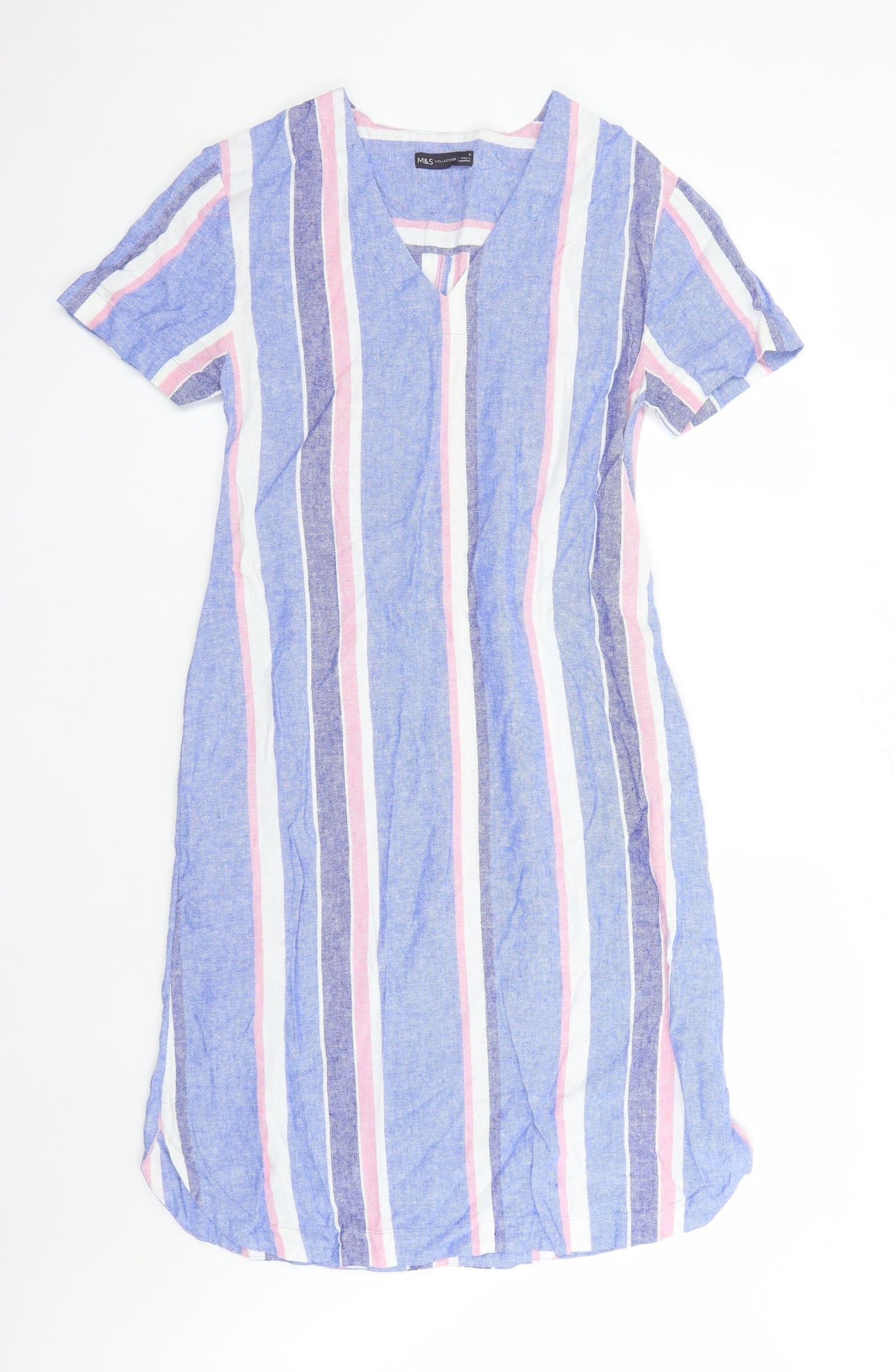 Marks and Spencer Womens Blue Striped Linen A-Line Size 8 V-Neck Pullover