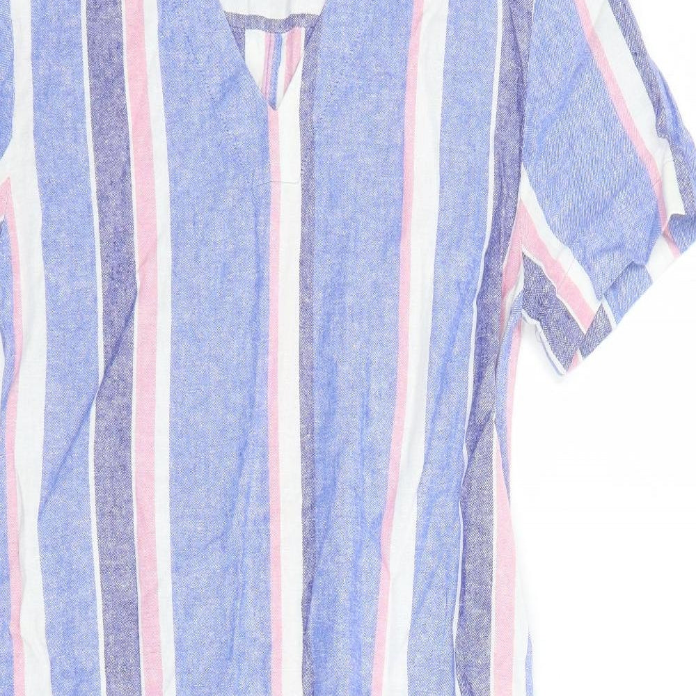 Marks and Spencer Womens Blue Striped Linen A-Line Size 8 V-Neck Pullover