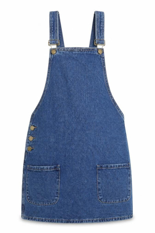 Denim & Co. Womens Blue Cotton Pinafore/Dungaree Dress Size 8 Square Neck Button