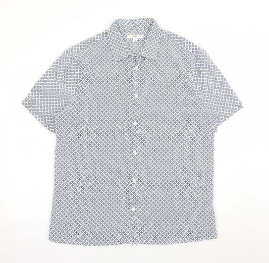 Marks and Spencer Mens Blue Geometric Polyester Button-Up Size L Collared Button