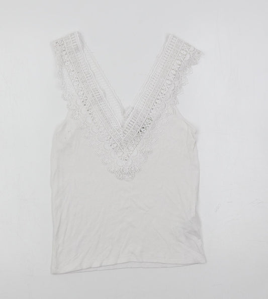 Stradivarius Womens White Viscose Basic Tank Size M V-Neck - Lace Detail