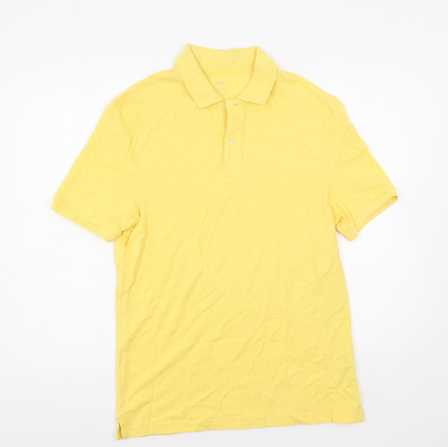 Marks and Spencer Mens Yellow Cotton Polo Size S Collared Button
