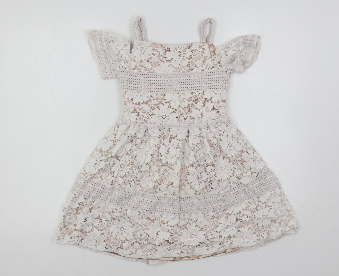 River Island Girls White Cotton Fit & Flare Size 7 Years Square Neck Zip - Lined
