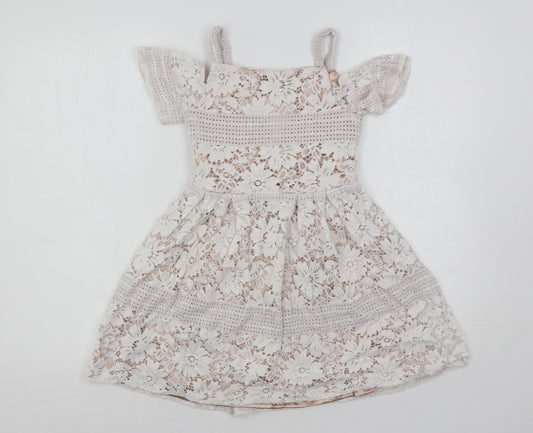 River Island Girls White Cotton Fit & Flare Size 7 Years Square Neck Zip - Lined