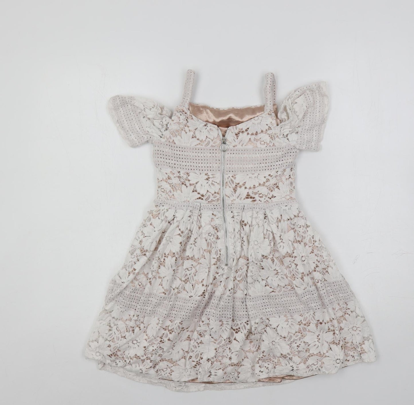 River Island Girls White Cotton Fit & Flare Size 7 Years Square Neck Zip - Lined