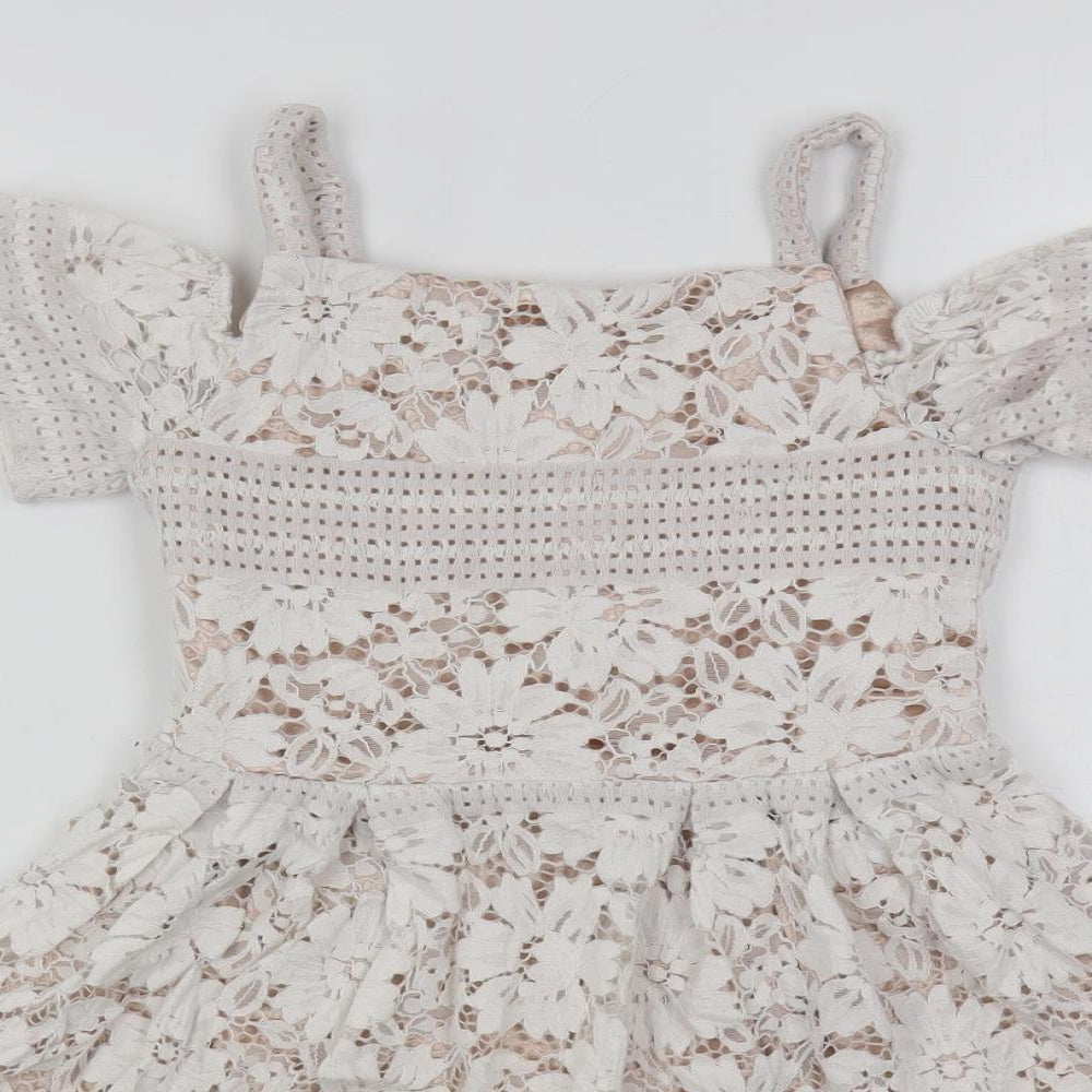 River Island Girls White Cotton Fit & Flare Size 7 Years Square Neck Zip - Lined